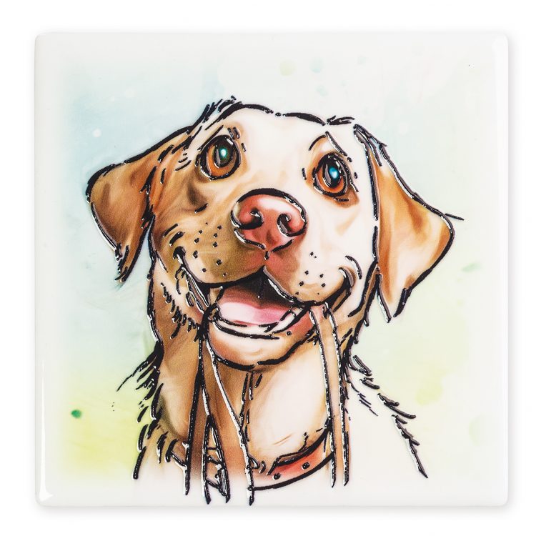 Ceramistone Golden Labrador coaster with raised tube-lined artwork designed by a British artist, 10x10cm with cork backing