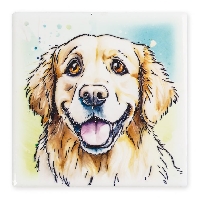 Ceramistone Golden Retriever coaster showing raised tube-lined artwork designed by a British artist, 10x10cm with cork backing