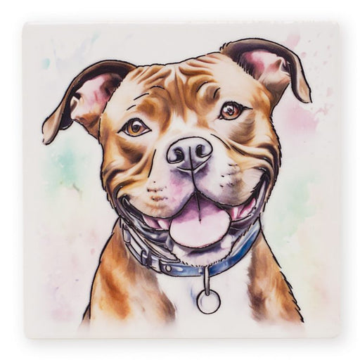 Ceramistone Staffordshire Bull Terrier coaster showing raised tube-lined artwork designed by a British artist, 10x10cm with cork backing