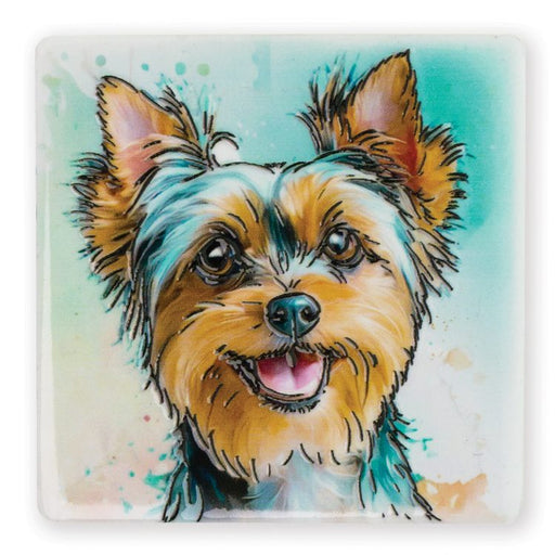 Ceramistone Yorkshire Terrier coaster with raised tube-lined artwork designed by a British artist, 10x10cm with cork backing
