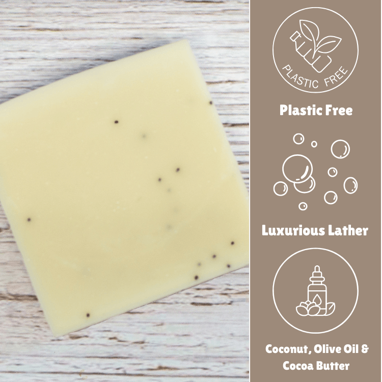 Laneside Soap Co Coconut Cream Soap Bar showing plastic free, luxurious lather, and coconut, olive oil and cocoa butter highlights