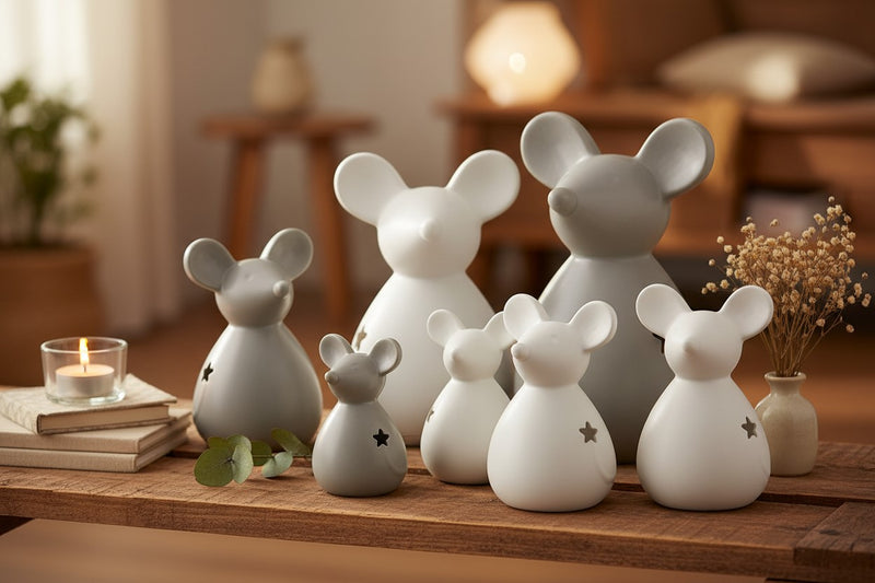 Ceramic standing mouse ornament collection in grey and white
