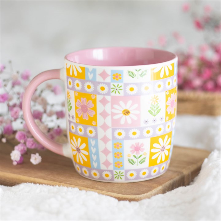 Floral patchwork print ceramic mug – lifestyle view