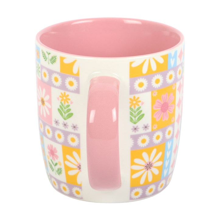 Floral patchwork print ceramic mug – side view