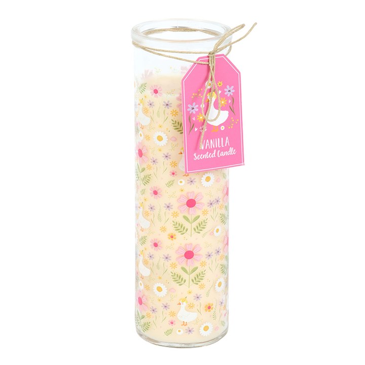 Daisy and Duck vanilla scented glass tube candle with pink Vanilla Scented Candle gift tag on a white background