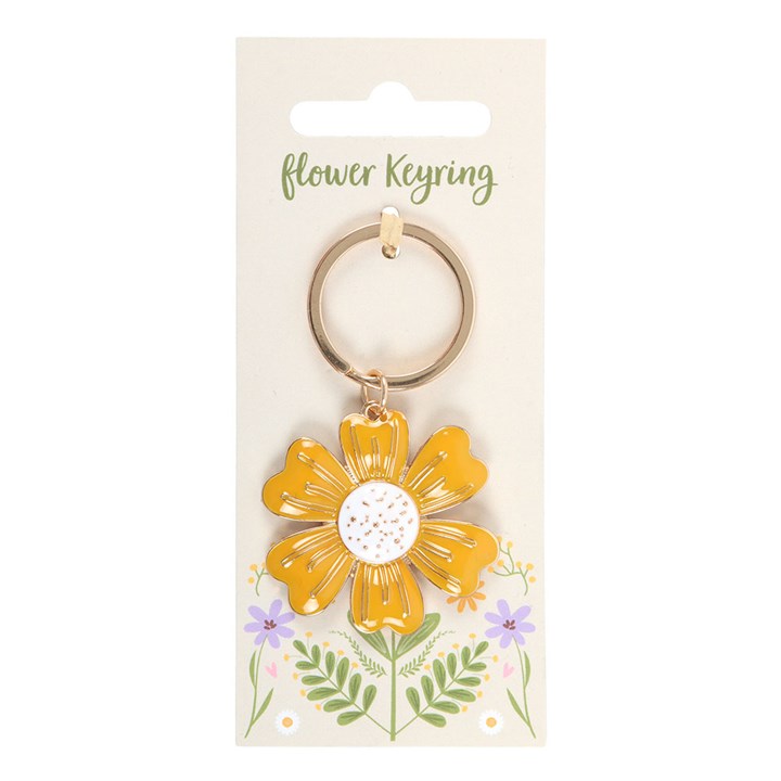 Yellow daisy enamel keyring – front view
