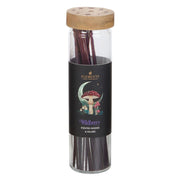 Dark Forest Wild Berry Incense Sticks, front view of glass tube with mushroom and crescent moon label and wooden moon phase lid, white background