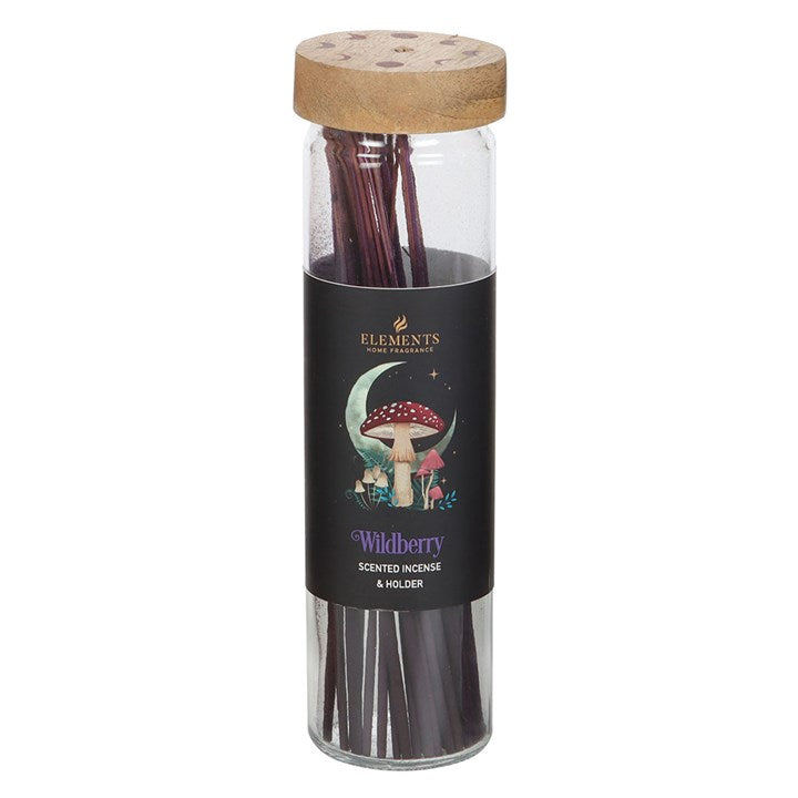 Dark Forest Wild Berry Incense Sticks, front view of glass tube with mushroom and crescent moon label and wooden moon phase lid, white background