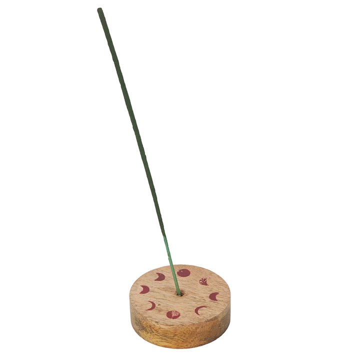 Wooden moon phase incense holder with a single incense stick, white background