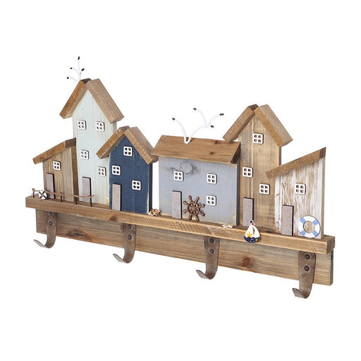 Wooden cottage house shelf with hooks