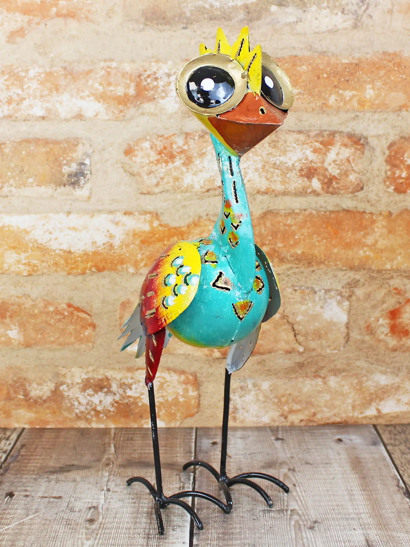 Big-eye metal bird ornament large 35cm, handmade in Bali, oversized googly eyes, yellow crown, boldly patterned body and curly wire feet