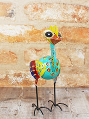 Big-eye metal bird ornament small 20cm, handmade in Bali, oversized googly eyes, yellow crown, boldly patterned body and curly wire feet