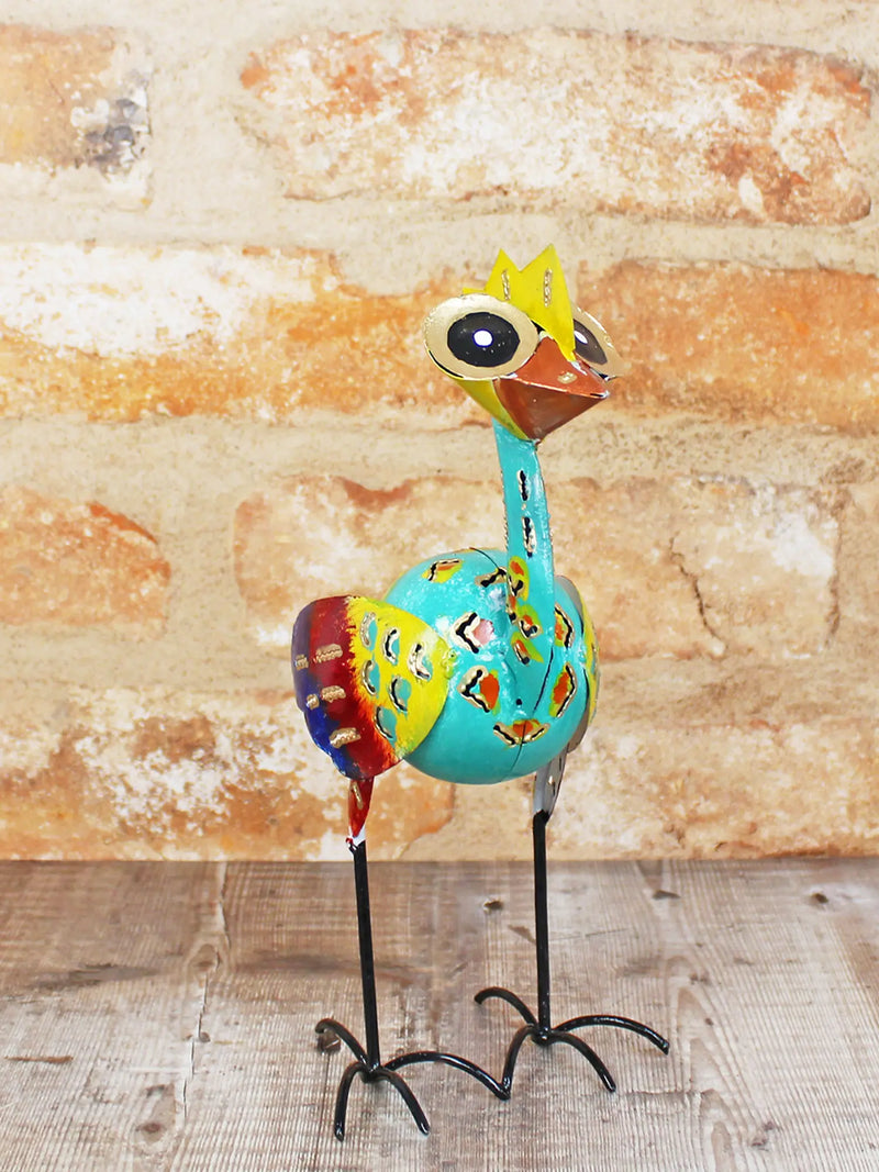 Big-eye metal bird ornament small 20cm, handmade in Bali, oversized googly eyes, yellow crown, boldly patterned body and curly wire feet