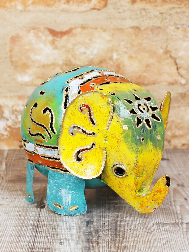 Colourful hand-painted metal elephant ornament large 12cm, handmade in Bali, intricate cut-out pattern detail and downward-curving trunk