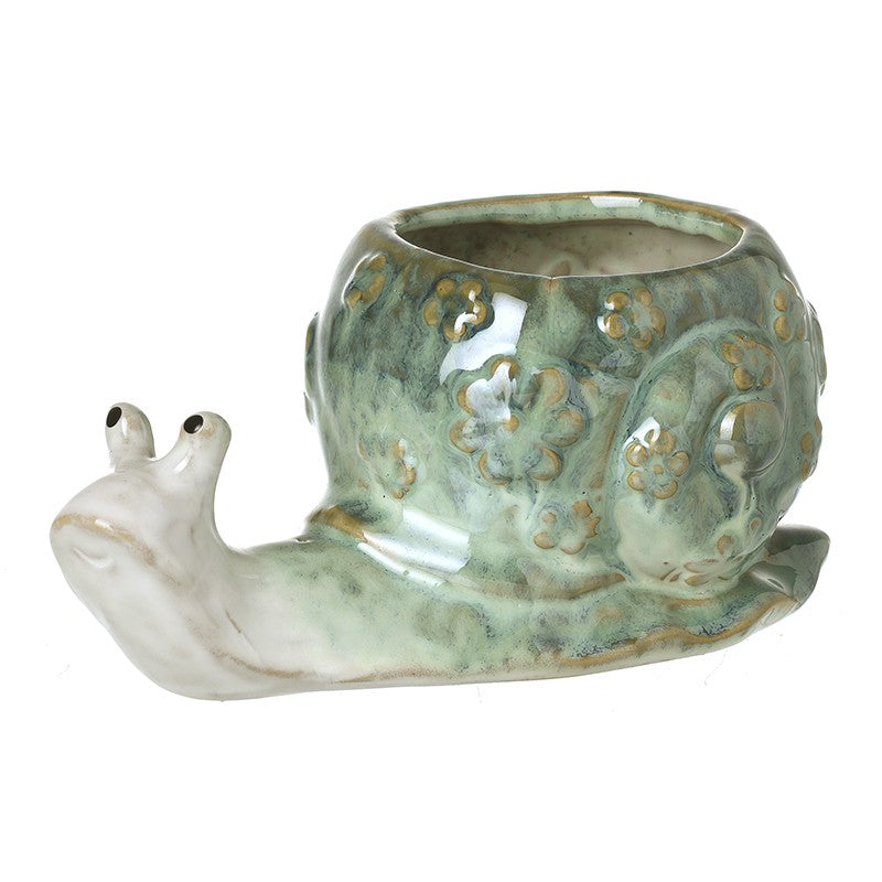 Green ceramic snail plant pot