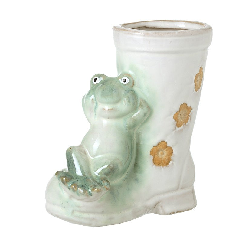 Ceramic wellington plant pot with frog decoration