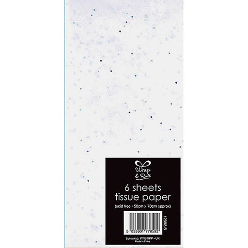 White tissue paper with a silver glitter finish, shown in packaging with black label, 6 sheets 50cm x 70cm