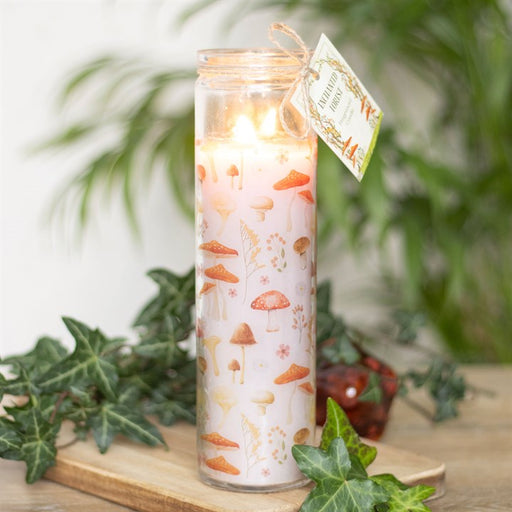 Mushroom print enchanted forest tube candle – lifestyle view