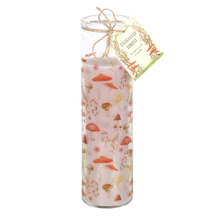Mushroom print enchanted forest tube candle – front view