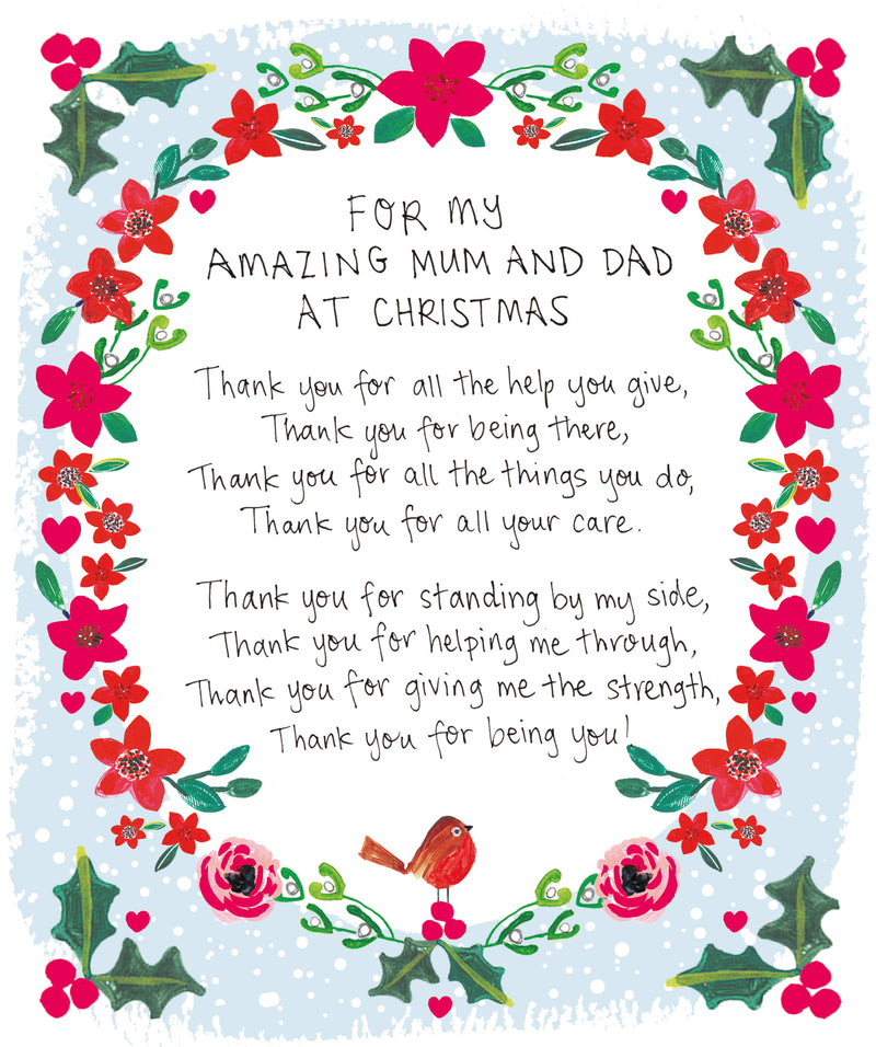 Christmas card for Mum and Dad featuring a heartfelt thank-you poem within a festive floral and holly border, with a robin