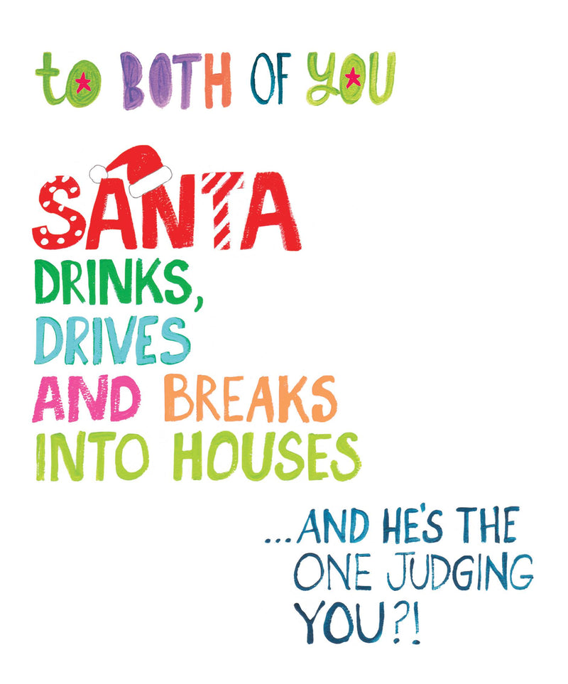 Funny Christmas card for a couple with a festive Santa joke about drinking, driving and breaking into houses