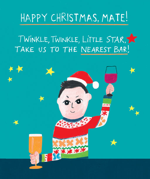 Funny Christmas card showing an illustrated character in a festive jumper holding a glass beneath stars