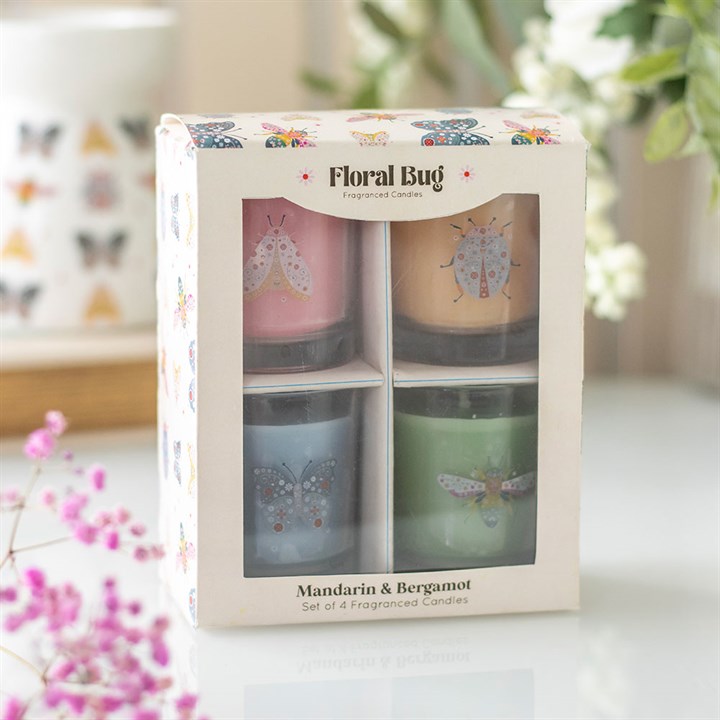 Floral Bug mandarin and bergamot set of 4 candles – boxed lifestyle view