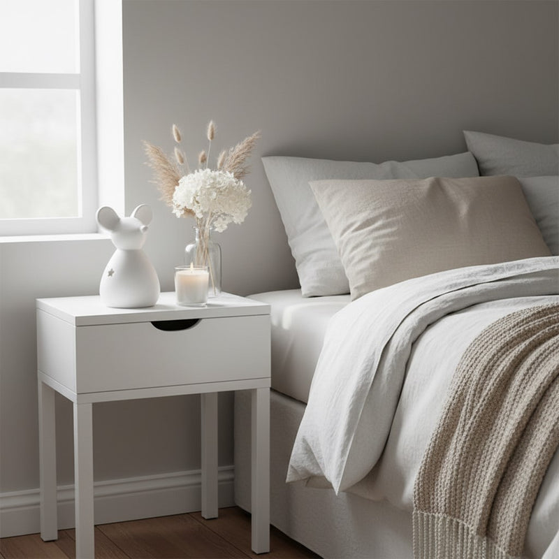 Large ceramic standing mouse in white on a bedside table