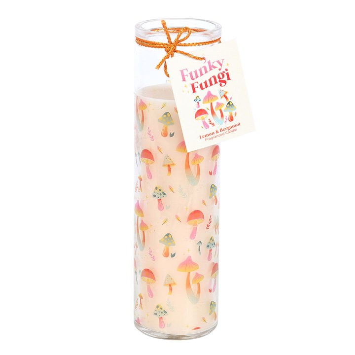 Funky Fungi Lemon & Bergamot tube candle in glass jar with orange twine bow and mushroom print gift tag on a white background