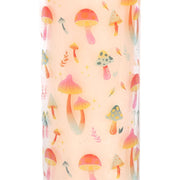 Close-up of Funky Fungi candle wrap featuring colourful illustrated mushrooms in pink, orange and green on a white background

