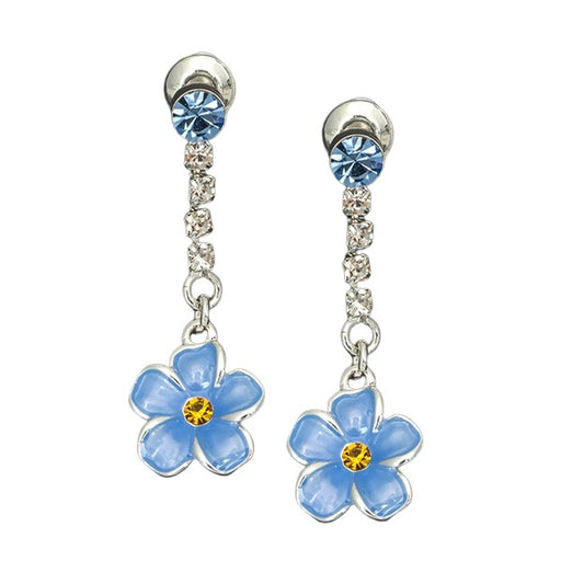 Equilibrium Forget Me Not Collection Crystal Drop Earrings with blue crystal-effect round stud top, delicate drop chain of clear crystal-effect stones and blue forget-me-not flower drop with amber crystal-effect centre in silver-plated setting on white background