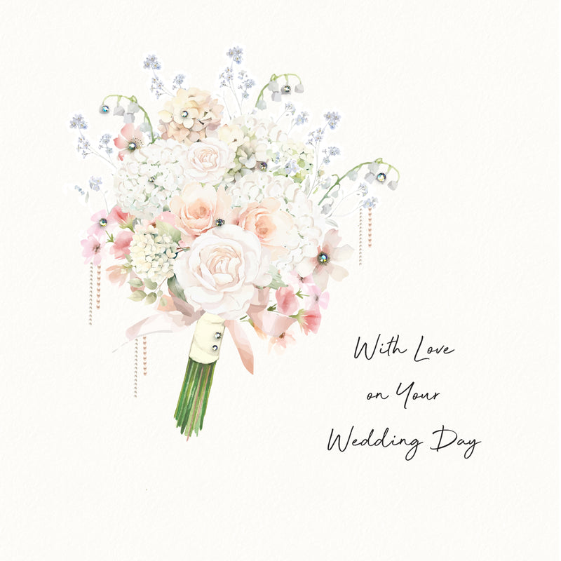 Floral bouquet with decorative elements and text 'With Love on Your Wedding Day' on a white background