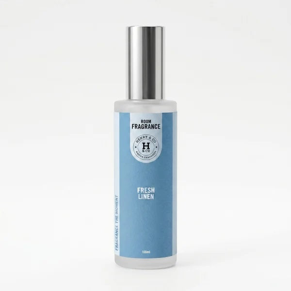 Henry & Co Fresh Linen room fragrance spray 100ml in a glass bottle with silver cap on a white background