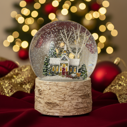 A church scene snow globe with a snow-covered church, evergreen trees and bare white branches inside a clear glass globe, on a natural birch bark-effect base in a festive setting