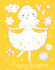 Inside page of My Gem Art Colouring Book Princesses showing Princess Melody illustration on yellow background with flowers, hearts and stars to colour