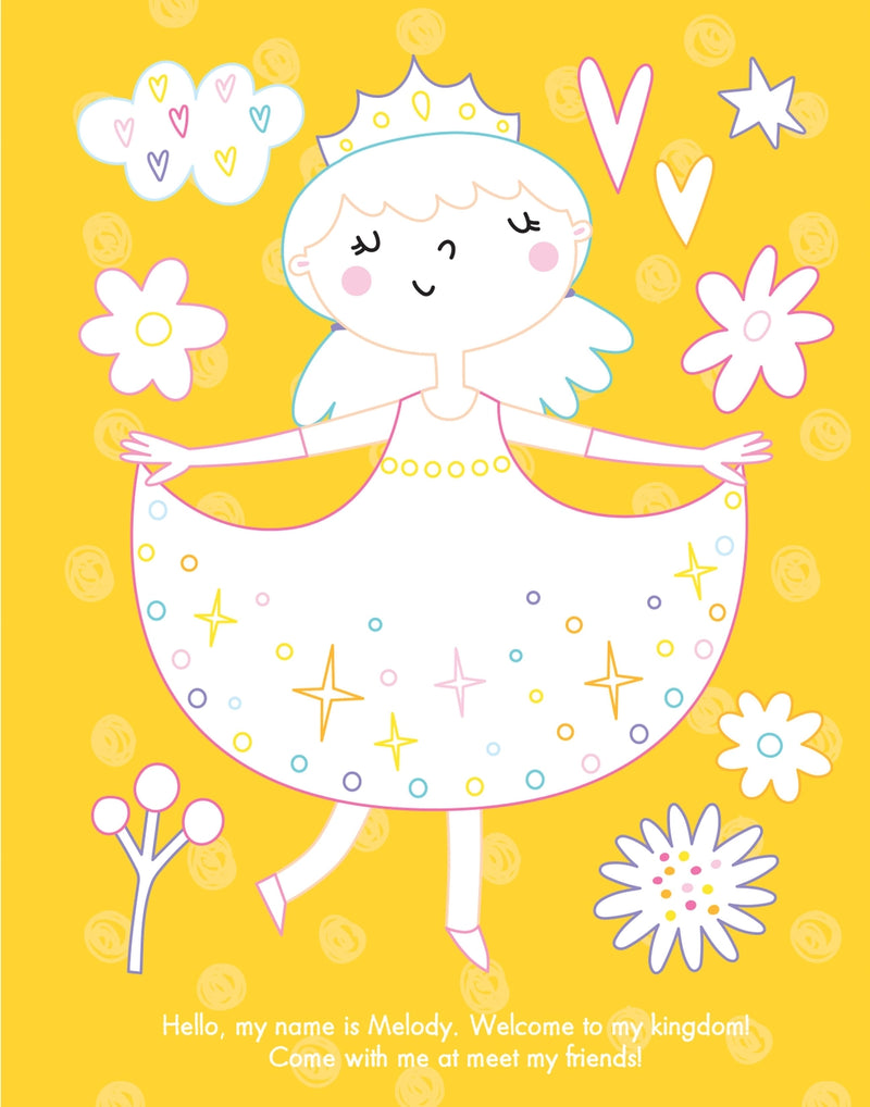 Inside page of My Gem Art Colouring Book Princesses showing Princess Melody illustration on yellow background with flowers, hearts and stars to colour