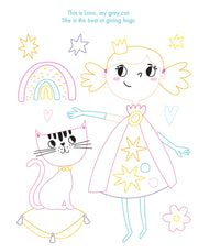 Inside page of My Gem Art Colouring Book Princesses showing outline illustration of princess with cat Luna on a cushion, rainbow and stars, ready to colour and decorate with gems