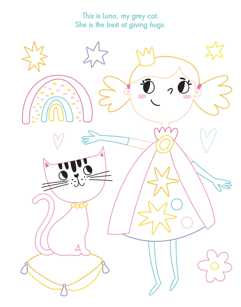 Inside page of My Gem Art Colouring Book Princesses showing outline illustration of princess with cat Luna on a cushion, rainbow and stars, ready to colour and decorate with gems