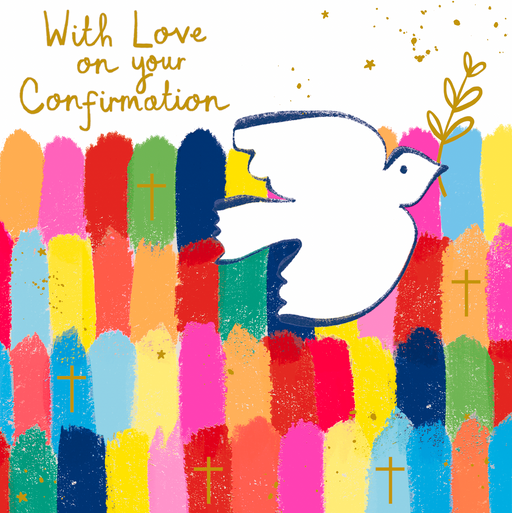 Confirmation Card with multicoloured dove design by Paper Salad – neon inks, liquid foil finish and premium board
