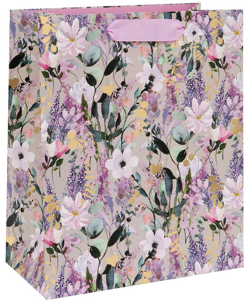 Stephanie Dyment Buddleia Large Gift Bag with watercolour buddleia and botanical design in soft purples, lilacs, pinks and white with gold accent details and lilac ribbon handles on white background