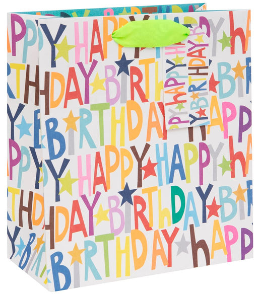 Paper Salad Happy Birthday Medium Gift Bag with multicoloured Happy Birthday lettering and star design on white background, lime green ribbon handles and matching gift tag, 200 x 225 x 100 mm, on white background