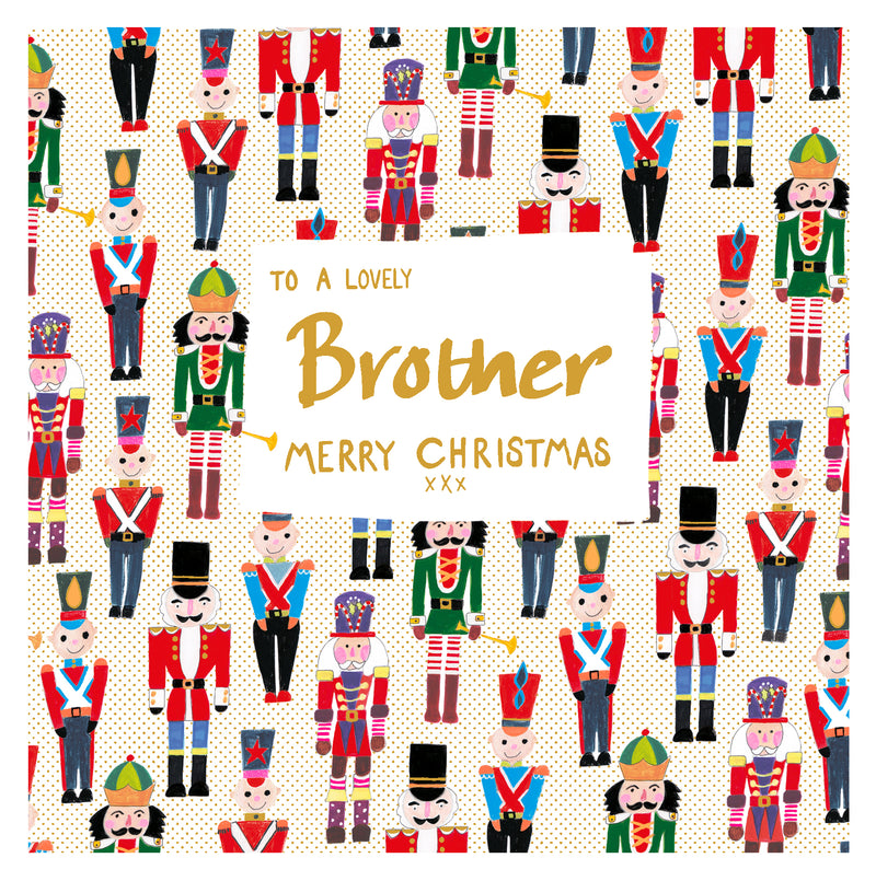 To a Lovely Brother Christmas card featuring an array of illustrated nutcracker soldiers in festive uniforms