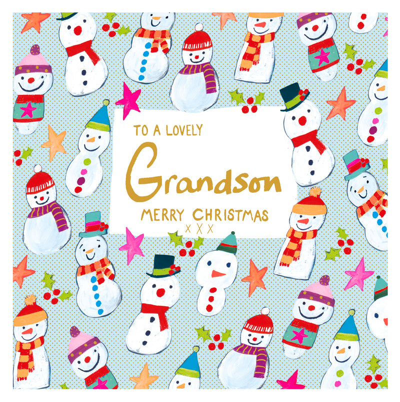 To a Lovely Grandson Christmas card with smiling snowmen in festive hats and scarves, surrounded by stars and holly