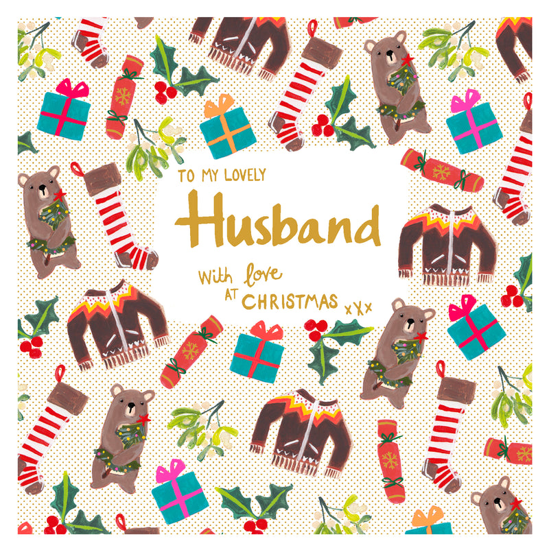To My Lovely Husband Christmas card with illustrated bears holding Christmas trees, Christmas jumpers, wrapped presents, stockings and holly