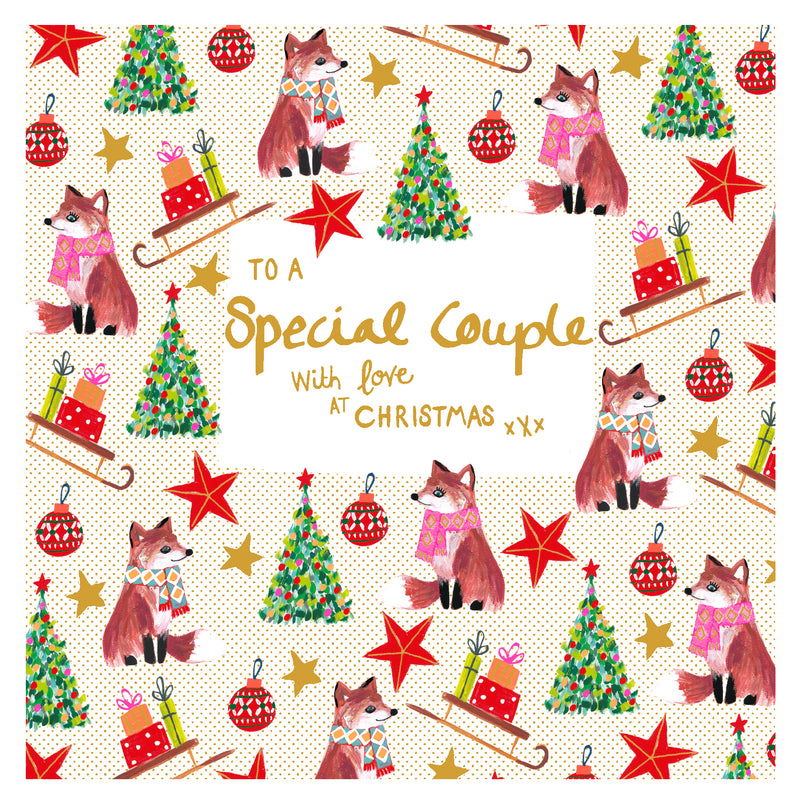 Special Couple Christmas card with illustrated foxes in scarves, gift-laden sledges, and Christmas trees