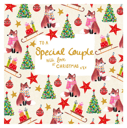 Special Couple Christmas card with illustrated foxes in scarves, gift-laden sledges, and Christmas trees