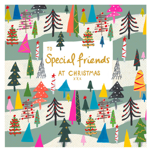 Special Friends Christmas card with a colourful forest of illustrated Christmas trees and gold foil lettering