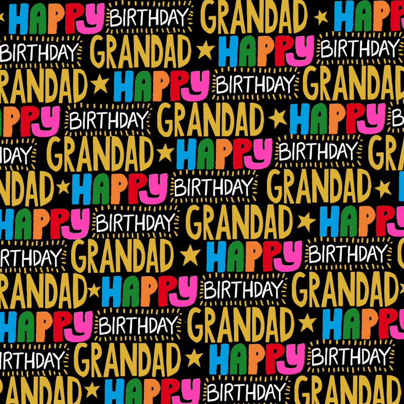 Happy Birthday Grandad card — black background covered in "Happy Birthday Grandad" in bold multicoloured lettering with neon inks and liquid foil finish⠋
