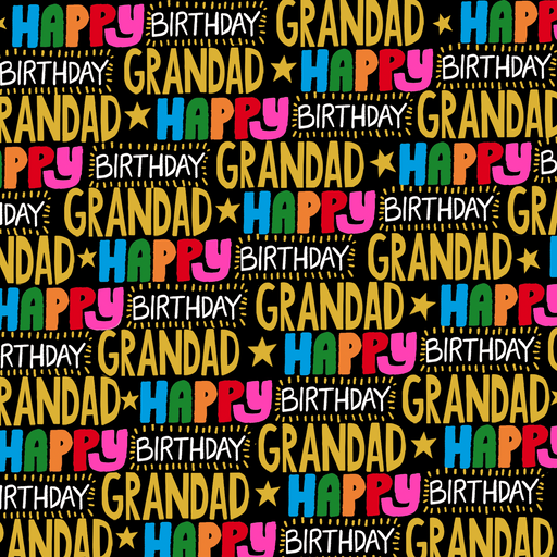 Happy Birthday Grandad card — black background covered in "Happy Birthday Grandad" in bold multicoloured lettering with neon inks and liquid foil finish⠋