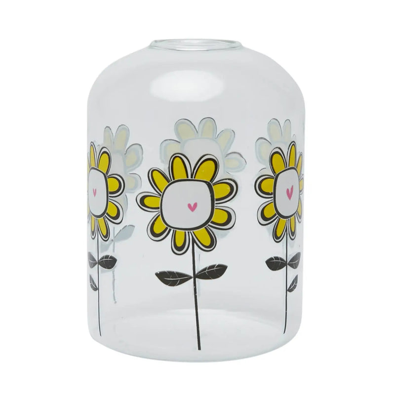 Sunflower borosilicate glass bud vase, front view on white background showing delicate sunflower design